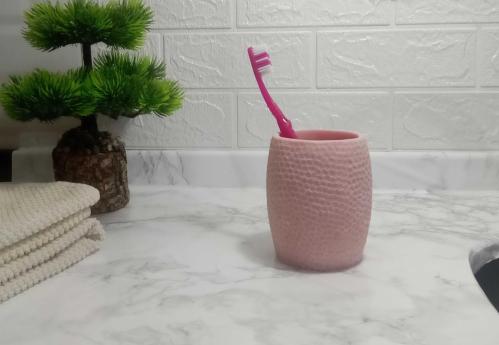 DİŞ FIRÇALIK,MACUNLUK PEMBE PETEK DESENLİ POLİRESİN 8X8X10CM 400ML BANYO SETİ