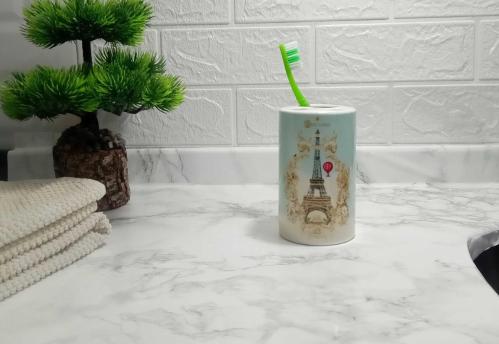 SERAMİK DİŞ FIRÇALIK ROMANTİK YEŞİL MODEL 7X7X11CM BANYO SETİ