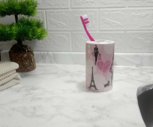 SERAMİK DİŞ FIRÇALIK KIZLI PARİS DESENLİ 7X7X11CM BANYO SETİ