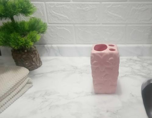 SERAMİK DİŞ FIRÇALIK ÇİÇEKLİ PEMBE MODEL 7X7X12CM  BANYO SETİ
