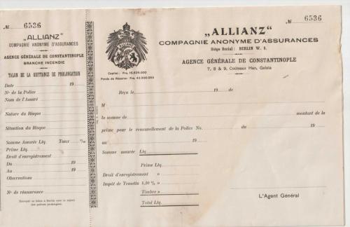 OSMANLI DÖNEMİ ALLIANZ SİGORTA yangın sigortası uzatma makbuzu koçanı - ÇOK NADİR -
