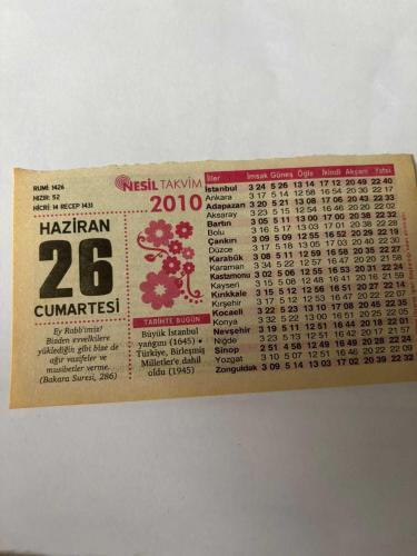 26 Haziran 2010 Orijinal Takvim Yaprağı-Doğum Günü-Söz,Nişan,Nikâh,Düğün ve Önemli Günler Hediyesi-Nesil Takvim-Ayet,Hadis (Bakara Suresi, 286) - Büyük İstanbul Yangını (1645) - Türkiye’nin Birleşmiş Milletler’e dahil olması (1945) - Bizi Hangi Balık Yuttu? - Asıl Hasta - Günün Duası - Kız: Gülzade - Erkek: Burhan -