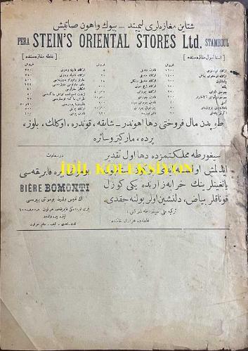 Osmanlıca Servet-i Fünun Dergisi, SERVET-I-FUNOUN ILLUSTRATION OTTOMANE PARAISSANT LE JEUDI, (Ottoman Magazine) - 2 Ekim 1919 - Sayı: 1429 - Hicri: 6 Muharrem 1338 - Rumi: 2 Teşrin-i Evvel 1335 - (Reklam İlanları) Baker Ticarethanesi Maison Baker, Péra: Umuma Mahsus Muşamma Yağmurluklar ve Bilhassa Askeri Yağmurlukları, İngiliz Potinleri, Kostümlük İngiliz Kumaşları - Osmanlı İtimad-ı Milli Bankası Anonim Şirketi - Selanik Bankası - Balık Yağından Daha Kuvvetli Hasan Kuvvet Şurubu - Stein Mağazaları Limited-Büyük ve Ehven Satış, PERA STEIN'S ORIENTAL STORES LTd. STAMBOUL Toptan Mal Füruhtu Daha Ehvendir: Şapka, Kundura, Önlük, Bluz, Perde, Markiz vs. - Bomonti Bira Fabrikası - LAIT CONDENSE NESTLÉ FARINE LACTÉE NESTLÉ Umum Validelere: Balada Resmi Derc Olunan Mini Mini Yavrucak Gibi 500,000 Çocuktan Fazlası Küçük Yaşta İken Evvela Nestle'nin Sütlü Unuyla ve Sonra Teksif ve Taakkum Olunmuş Nestle Sütüyle Beslenmiştir