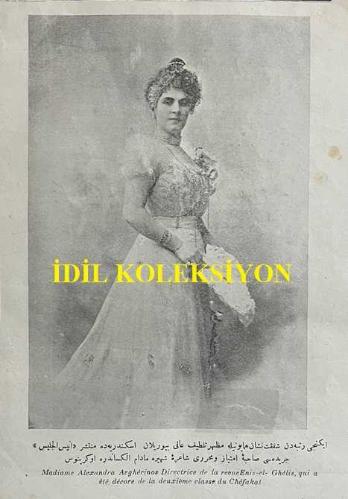Osmanlıca Malumat Dergisi, Journal Illustré Turc, Orijinal Dönem Basım, (Ottoman Magazine) - 3 Aralık 1898 - Sayı: 230 - Tıp: 'Frengi İlletinin Tedavisi (Traitement de la syphilis)' Müellifi Doktor Goşe (Ernest Gaucher), Mütercimi: Operatör Necmettin Arif - (Fotoğraf) İkinci Rütbeden Şefkat Nişan-ı Hümayunuyla Mazhar-ı Taltif-i Ali Buyurulan İskenderiye'de Münteşir Enisü'l-Celis Ceridesi Sahibe-i İmtiyaz ve Muharriri Şaire-i Şehire Madam Aleksandra Aughérinos (Madiame Alexandra Aughérinos Directrice de la revue Enis-el-Ghélis, qui a été décore de la deuxième classe du Chéfakat)