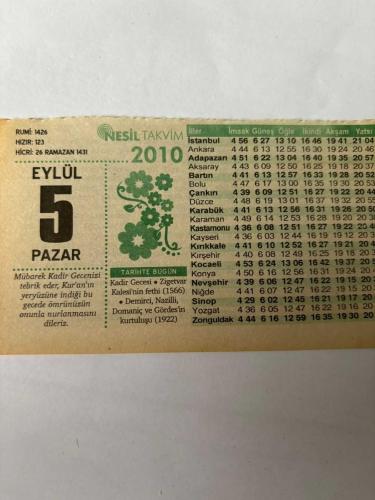 5 Eylül 2010 Orijinal Takvim Yaprağı-Doğum Günü-Söz,Nişan,Nikâh,Düğün ve Önemli Günler Hediyesi-Nesil Takvim-Ayet,Hadis (Kadir Gecesi)-Kadir Gecesi-Zigetvar Kalesi'nin fethi(1566)-Demirci,Nazilli,Domaniç ve Gördes'in kurtuluşu(1922)-80 Yıllık Ömre Bedel Bir Gece:Kadir Gecesi-Kadir Gecesi-Günün Duası-Çocuğunuza İsim:Kız:Azize,Erkek:Fazıl