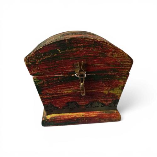 Mini Vintage Ahşap Hazine Sandığı - Metal Fil Kabartmalı Takı ve Hatıra Kutusu (10x10x8 cm)