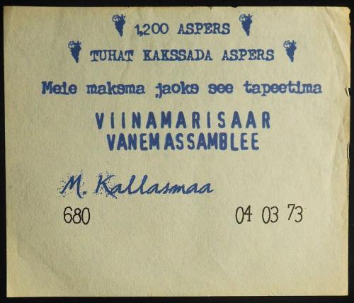 1973 ESTONYA (VORMSİ ADASI) 1200 ASPERS ÜZÜM-ŞARAP PARASI