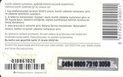 ARİA BATARİA - 100  KONTÖR Yükleme Kartı Plastik Hazır Kart