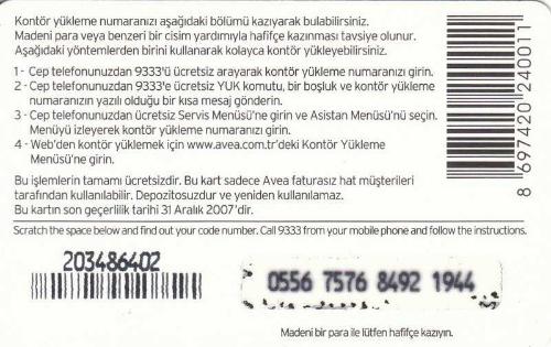 Avea - Tarkan 100 Kontör Yükleme Kartı Karton Hazır Kart (Arka Versiyon 1)