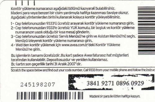 Avea - Tarkan 100 Kontör Yükleme Kartı Karton Hazır Kart