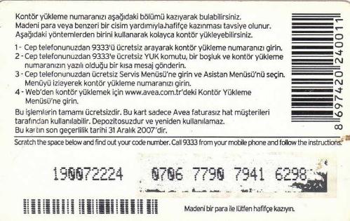 Avea - Tarkan 100 Kontör Yükleme Kartı Karton Hazır Kart (Arka Versiyon 2)