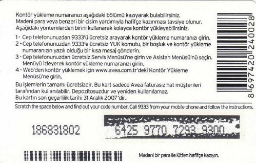 Avea - Tarkan 250 Kontör Yükleme Kartı Karton Hazır Kart