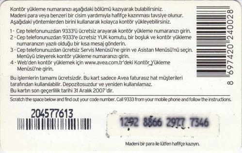 Avea - Tarkan 250 Kontör Yükleme Kartı Karton Hazır Kart (Arka Versiyon 1)