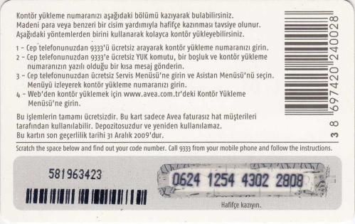 Avea - Oh Be! Bi Dünya Servis Cebimde. 250 Kontör Yükleme Kartı Karton Hazır Kart