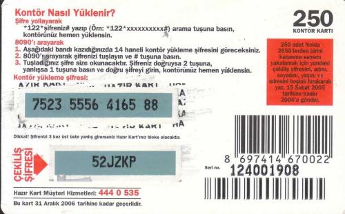 Turkcell - Şifreyi Gönder, Çekilişe Katıl. Nokia 2650 Kazan! 250 Kontör Yükleme Kartı Karton Hazır Kart (Arkası Kazılmış)