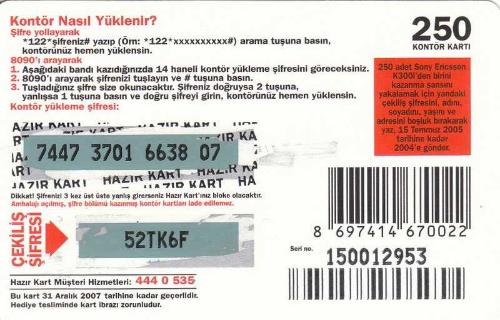 Turkcell - Şifreyi Gönder, Çekilişe Katıl. Sony Ericsson K300İ Kazan! 250 Kontör Yükleme Kartı Karton Hazır Kart (Arkası Kazılmış Gri Zemin)
