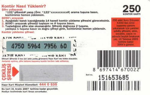 Turkcell - Şifreyi Gönder, Çekilişe Katıl. Sony Ericsson K300İ Kazan! 250 Kontör Yükleme Kartı Karton Hazır Kart (Arkası Kazılmamış Gri Zemin)