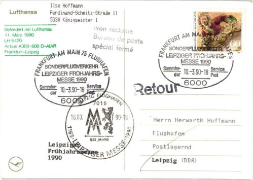 Almanya 1990 Lufthansa Frankfurt-Leipzig İlk Uçuş Kartı