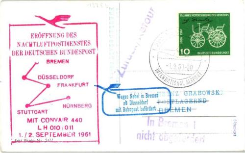 Almanya 1961 Gece Hava Postası Açılış Uçuşu – Stuttgart, Bremen, Düsseldorf Convair 440