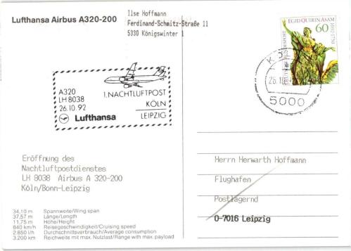 Almanya 1992 Lufthansa Airbus A320-200 Köln-Leipzig İlk Uçuş Kartı