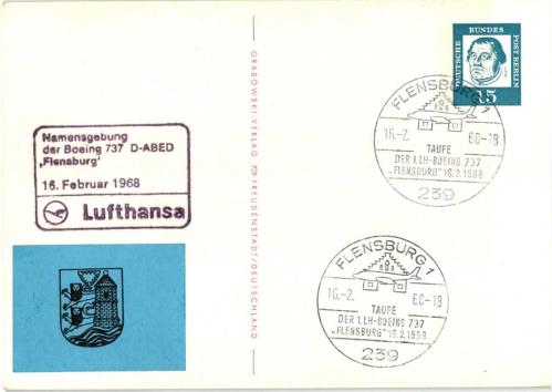 Almanya 1968 Lufthansa Boeing 737 Flensburg Adlandırma Kartı