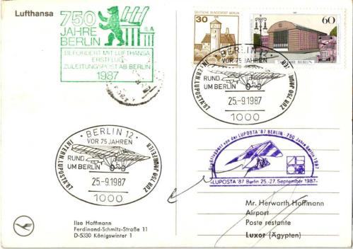 Almanya 1987 LUFTHANSA Berlin-Luxor İlk Uçuş Kartı - LUFPOSTA 750. Yıl