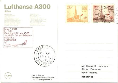 Lufthansa A300 Jeddah-Dar es Salaam-Mauritius İlk Uçuş Kartı, 1984