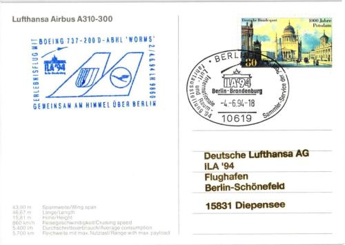 Almanya 1994 Lufthansa Airbus A310 ILA 94 Maksimum Kart