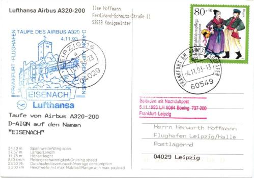 Almanya 1993 Lufthansa Airbus A320-200 Eisenach Vaftiz Uçuşu Kartı