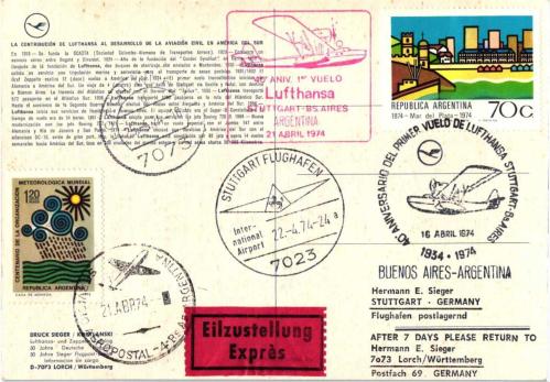 Almanya-Arjantin 1974 Stuttgart-Buenos Aires Lufthansa 40. Yıl İlk Uçuş Kartı