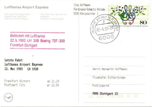 Almanya 1993 Lufthansa Airport Express Son Sefer Kartı - Frankfurt-Stuttgart