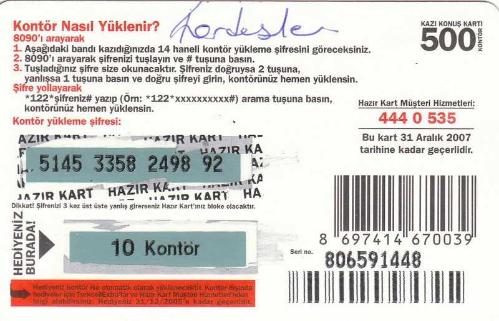 Turkcell - Cebiniz Kaybolsa Bile Numaranız Değişmez! 500 Kontör Yükleme Kartı Karton Hazır Kart (Yeşil Zemin 10 Kontör Hediyeli)