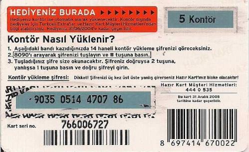 Turkcell - Cebiniz Kaybolsa Bile Numaranız Değişmez! 250 Kontör Yükleme Kartı Karton Hazır Kart (Yeşil Zemin 5 Kontör Hediyeli)