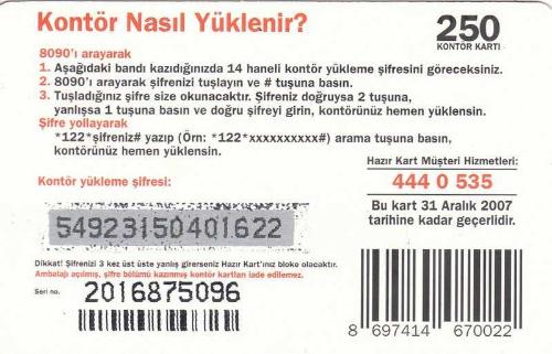 Turkcell - Kontör Transfer 250 Kontör Yükleme Kartı Karton Hazır Kart (Gri Zemin)