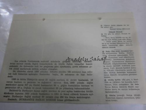 3 Mart 1960 - Yeni Türkiye Takvimi -  Burhaniye Sağlık Merkezi