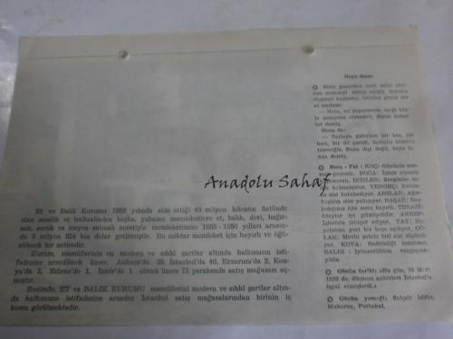 16 Mart 1960 - Yeni Türkiye Takvimi -  Et ve balık Kurumu Satış Mağazası