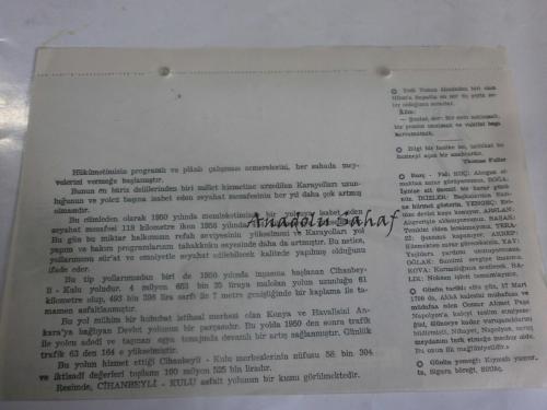 17 Mart 1960 - Yeni Türkiye Takvimi -  Cihanbeyli - Kulu asfaltı