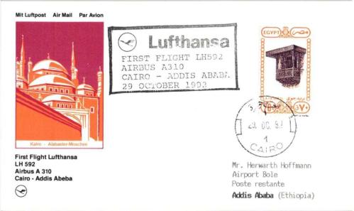 1992 Lufthansa İlk Uçuş Zarfı: Kahire – Addis Ababa (LH592)