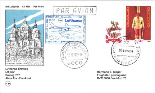 Kazakistan 1992 Alma Ata-Frankfurt Lufthansa İlk Uçuş Zarfı