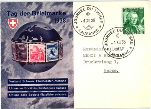 İsviçre 1938 “Tag der Briefmarke” Özel İlk Gün Zarfı (Lausanne)