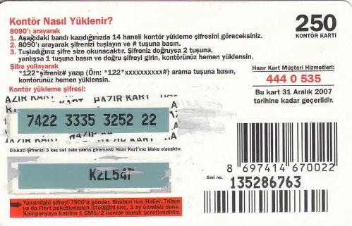 Turkcell - Dikkat Shubuo Çıkabilir. 250 Kontör Yükleme Kartı Karton Hazır Kart (Arkası Kazılmış)
