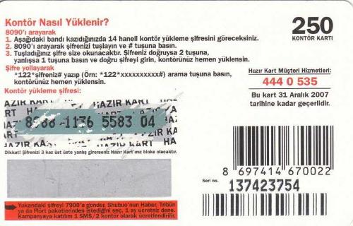 Turkcell - Dikkat Shubuo Çıkabilir. 250 Kontör Yükleme Kartı Karton Hazır Kart (Arkası Kazılmamış)