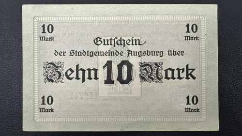 Almanya Augsburg 10 Mark 1918. Notgeld. Çil. Az Çıkar.