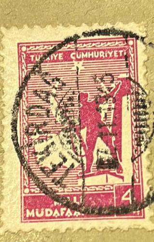 Türk Pulu - Turkish Stamp - Mektup Zarfından Kesilmiş / Postadan Geçmiş Pul Filateli - TEKİRDAĞ DAMGALI - MİLLİ MÜDAFAA TEMALI PUL, 4 KURUŞ - Türkiye Cumhuriyeti - NOSTALJİK DOĞUM GÜNÜ HEDİYESİ