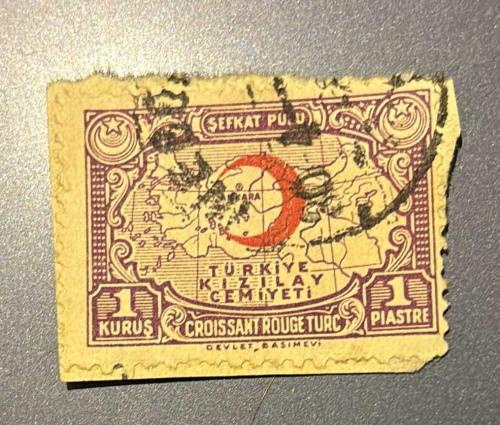 Türk Pulu - Turkish Stamp - Mektup Zarfından Kesilmiş / Postadan Geçmiş Pul Filateli -  DAMGALI - TÜRKİYE KIZILAY CEMİYETİ ŞEFKAT PULU, 1 KURUŞ - Türkiye Cumhuriyeti - NOSTALJİK DOĞUM GÜNÜ HEDİYESİ