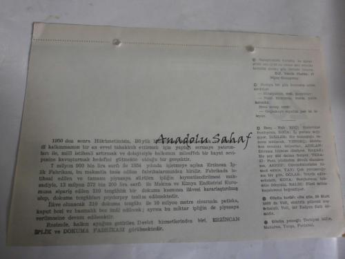 20 Mart 1960 - Yeni Türkiye Takvimi -  Erzincan İplik Dokuma Fabrikası