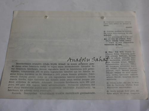 21 Mart 1960 - Yeni Türkiye Takvimi -  Adapazarı Vagon Fabrikası