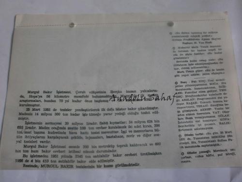 25 Mart 1960 - Yeni Türkiye Takvimi - Murgul Bakır İşletmesi