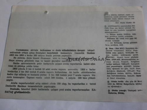 26 Mart 1960 - Yeni Türkiye Takvimi - Kabataş Araba Vapuru