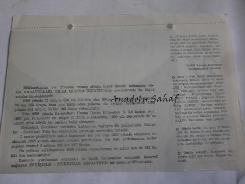 27 Mart 1960 - Yeni Türkiye Takvimi - Eskişehir - Sivrihisar Asfaltı